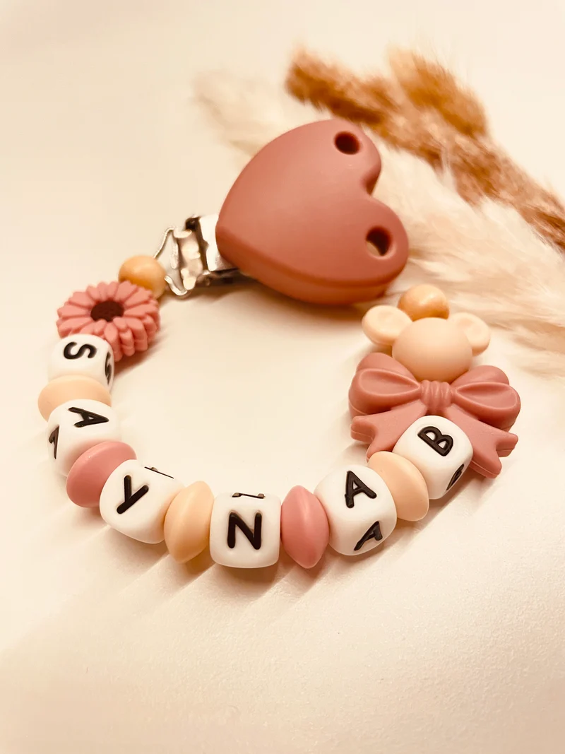 Schnullerkette Maus mit Schleife und Blume altrosa beige