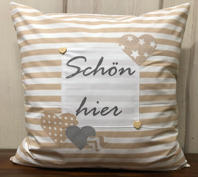 Landhausstil Kissenhülle * Kissenbezug * Dekokissen „ Schön hier „ beige/weiß gestreift
