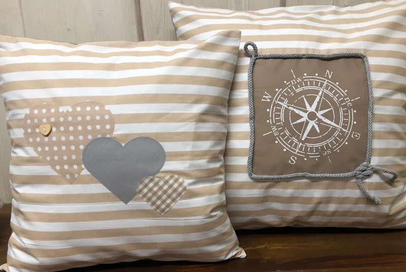 Landhausstil Kissenhülle * Kissenbezug * Dekokissen „ Herzen„ beige/weiß