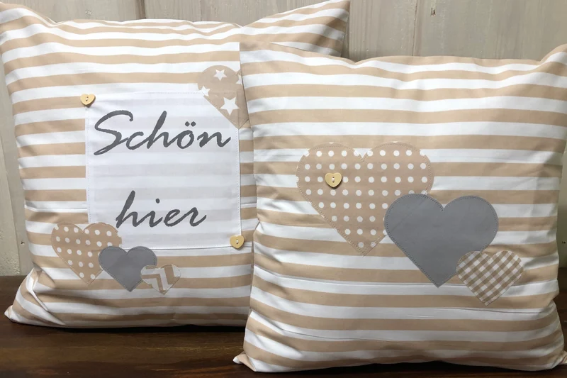 Landhausstil Kissenhülle * Kissenbezug * Dekokissen „ Herzen„ beige/weiß