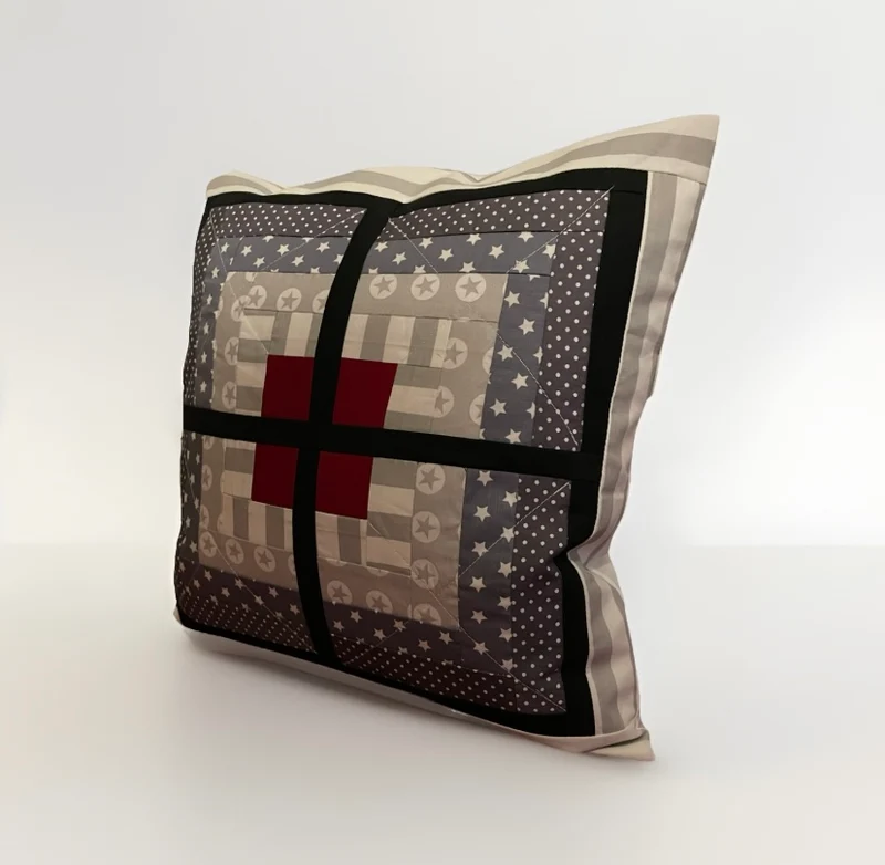 Patchwork Kissenhülle, Landhausstil Kissenbezug, grau/ rot/ weiß 40x40cm