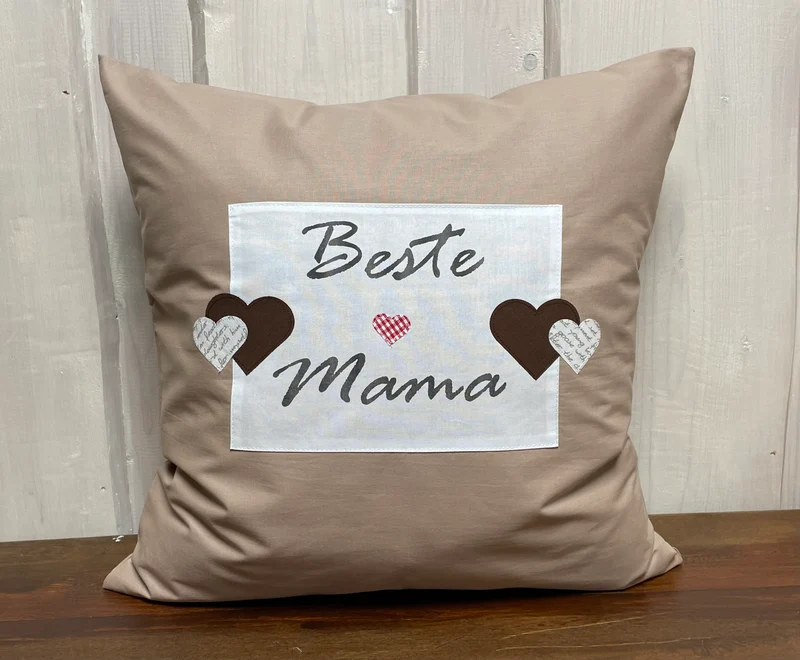 Landhausstil Kissenhülle, Kissenbezug, Dekokissen beige/weiß *Beste Mama*