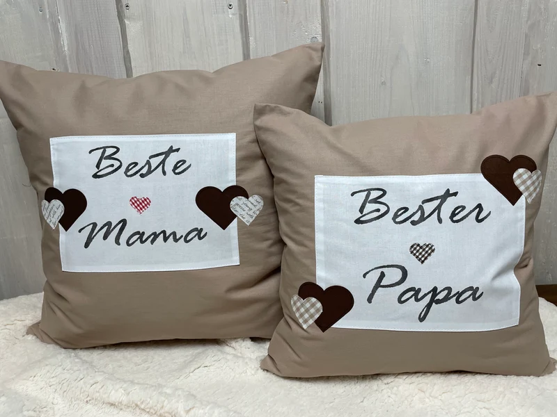 Landhausstil Kissenhülle, Kissenbezug, Dekokissen beige/weiß *Beste Mama*