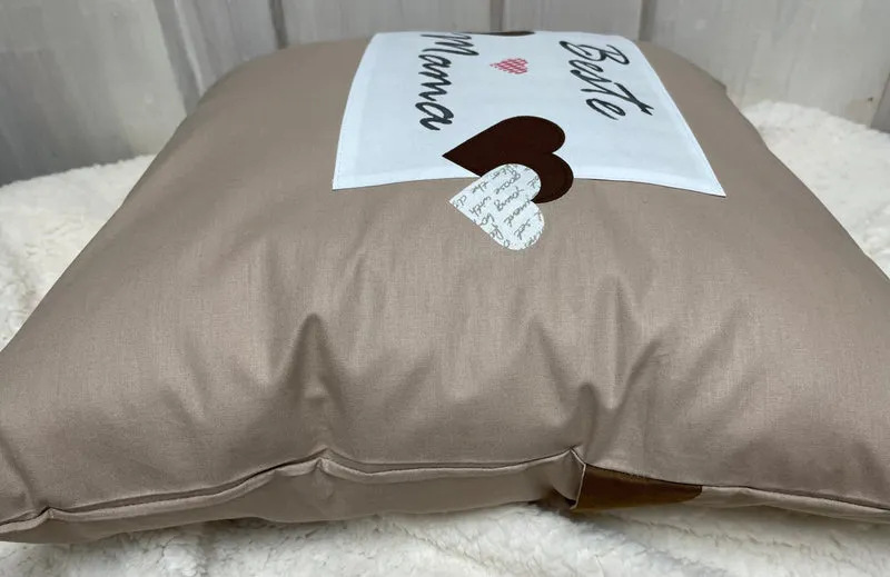 Landhausstil Kissenhülle, Kissenbezug, Dekokissen beige/weiß *Beste Mama*