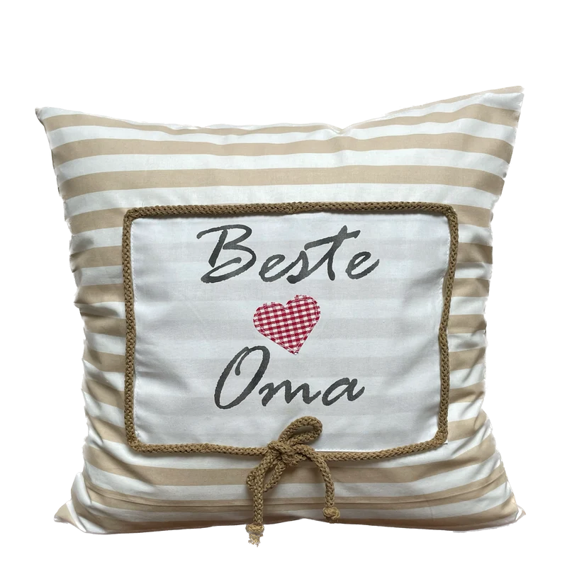 Landhausstil Kissenhülle, Kissenbezug, Dekokissen *Beste Oma* beige/weiß gestreift