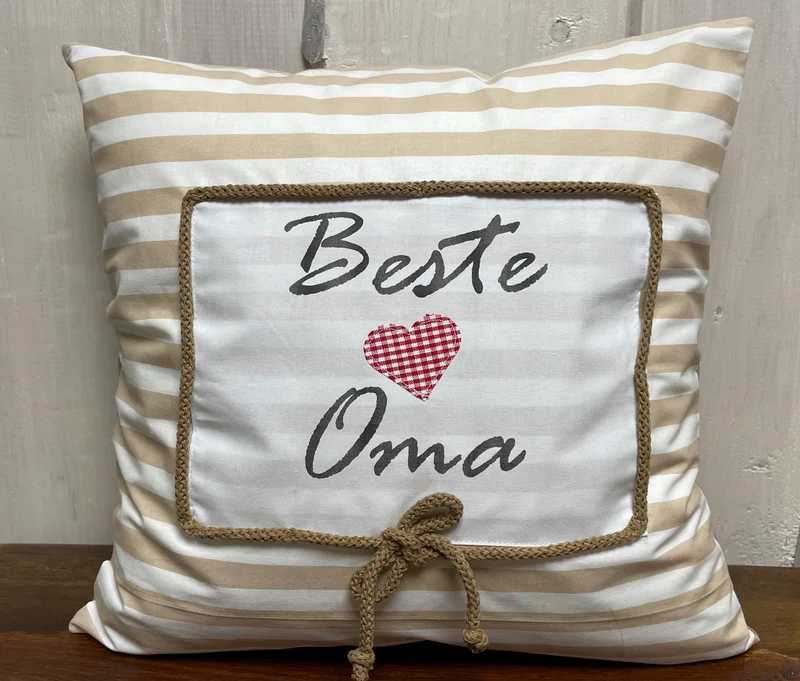 Landhausstil Kissenhülle, Kissenbezug, Dekokissen *Beste Oma* beige/weiß gestreift