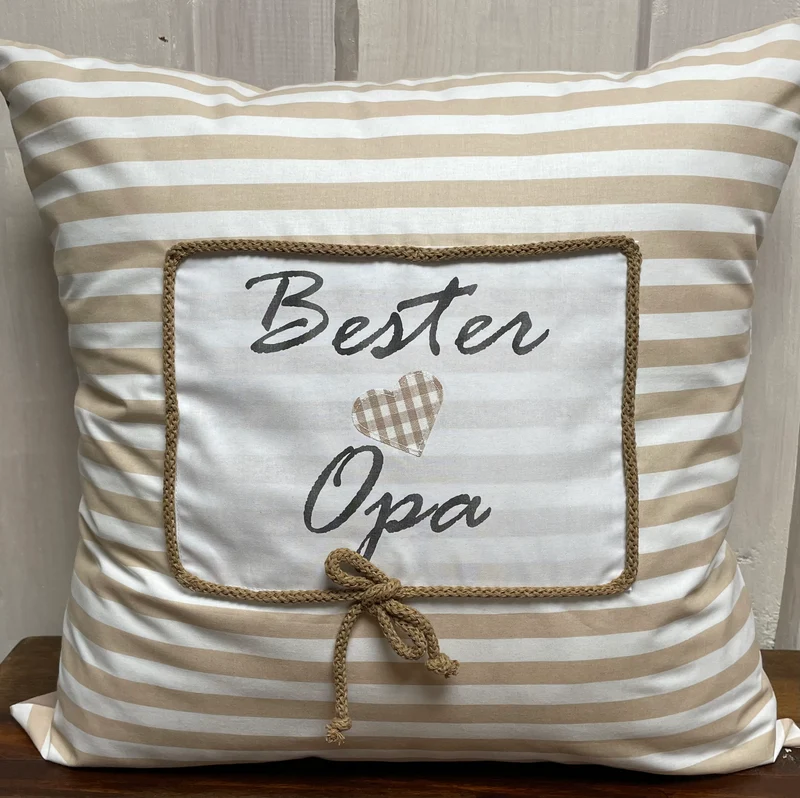 Landhausstil Kissenhülle, Kissenbezug, Dekokissen *Bester Opa* beige/weiß gestreift