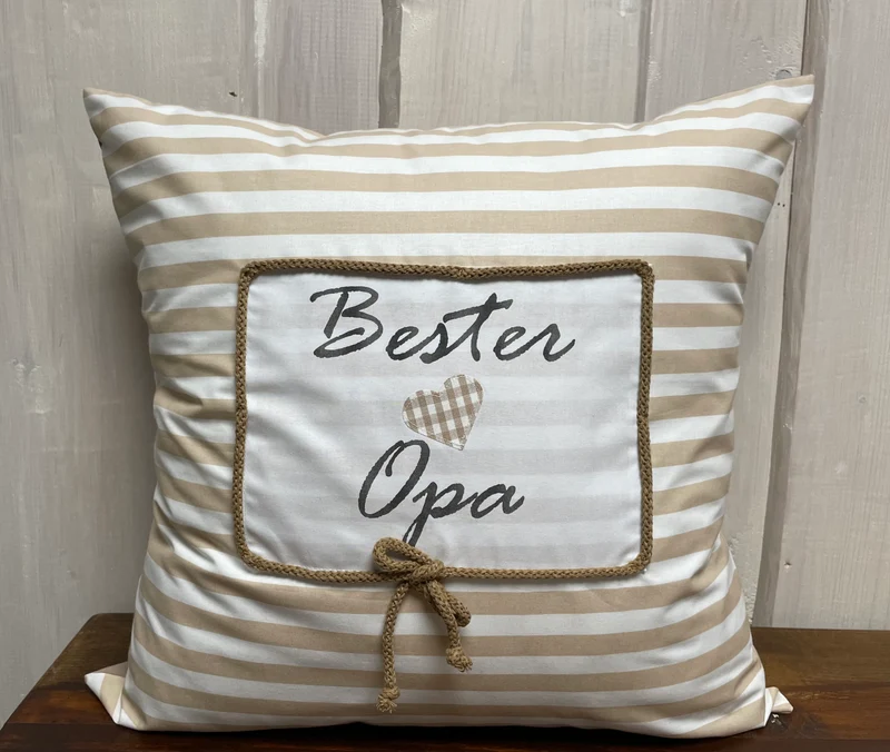 Landhausstil Kissenhülle, Kissenbezug, Dekokissen *Bester Opa* beige/weiß gestreift