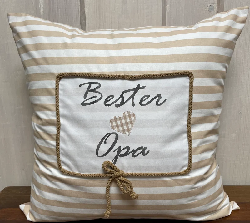 Landhausstil Kissenhülle, Kissenbezug, Dekokissen *Bester Opa* beige/weiß gestreift