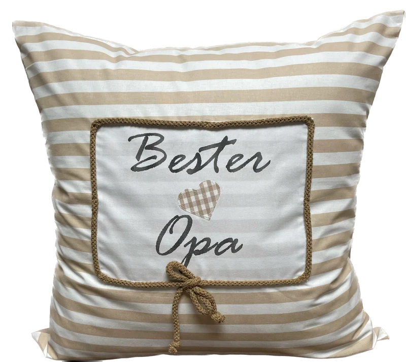 Landhausstil Kissenhülle, Kissenbezug, Dekokissen *Bester Opa* beige/weiß gestreift
