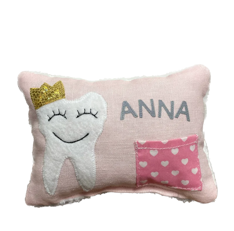 Zahnfee Kissen / Personalisiert, Milchzahn Kissen, Zahnkissen, grau oder rosa 12x17cm.