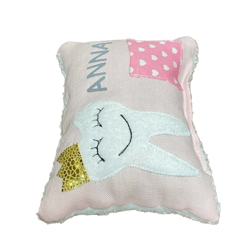 Zahnfee Kissen / Personalisiert, Milchzahn Kissen, Zahnkissen, grau oder rosa 12x17cm.