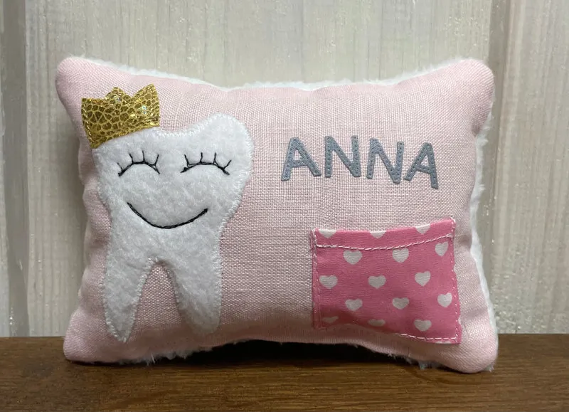 Zahnfee Kissen / Personalisiert, Milchzahn Kissen, Zahnkissen, grau oder rosa 12x17cm.