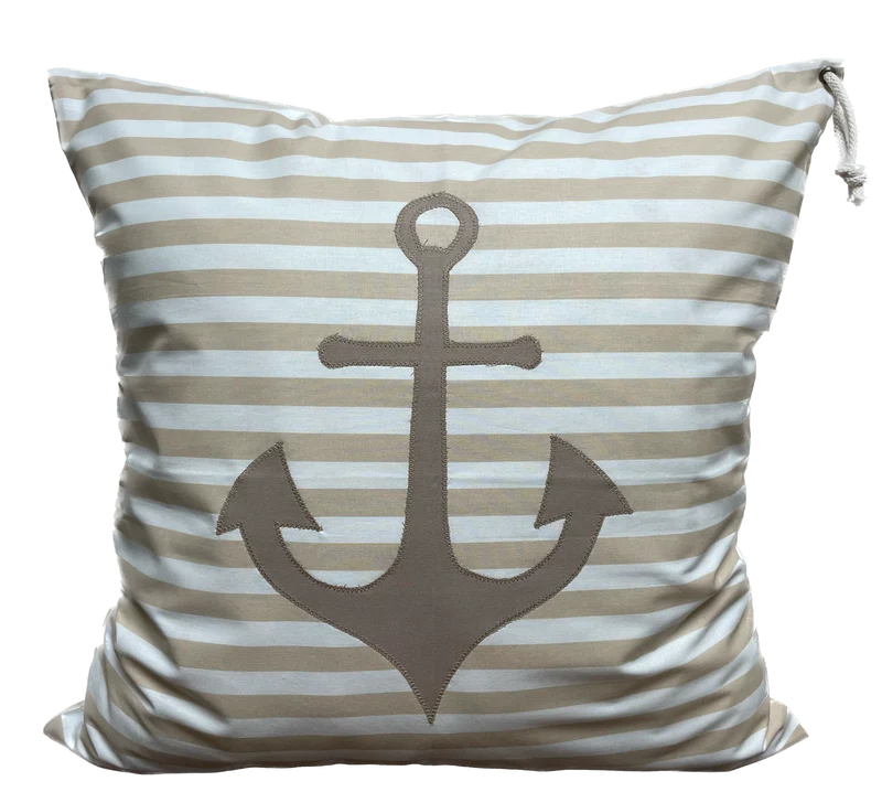 Maritime Kissenhülle, Landhausstil Dekokissen *Anker* beige/weiß gestreift