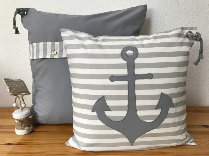1 Maritime Kissenhülle, Landhausstil Kissenbezug * Anker * grau/weiß