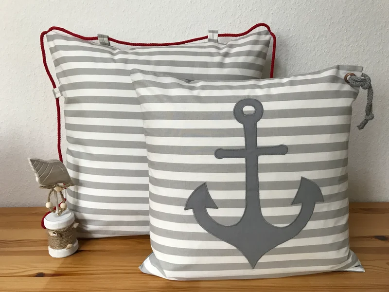1 Maritime Kissenhülle, Landhausstil Kissenbezug * Anker * grau/weiß