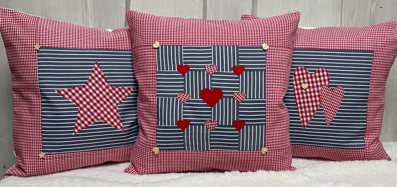 Patchwork Kissenhülle, Landhausstil Kissenbezug, rot/blaugrau 40x40cm