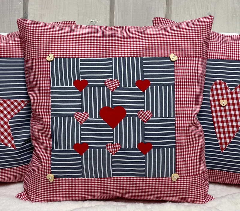 Patchwork Kissenhülle, Landhausstil Kissenbezug, rot/blaugrau 40x40cm