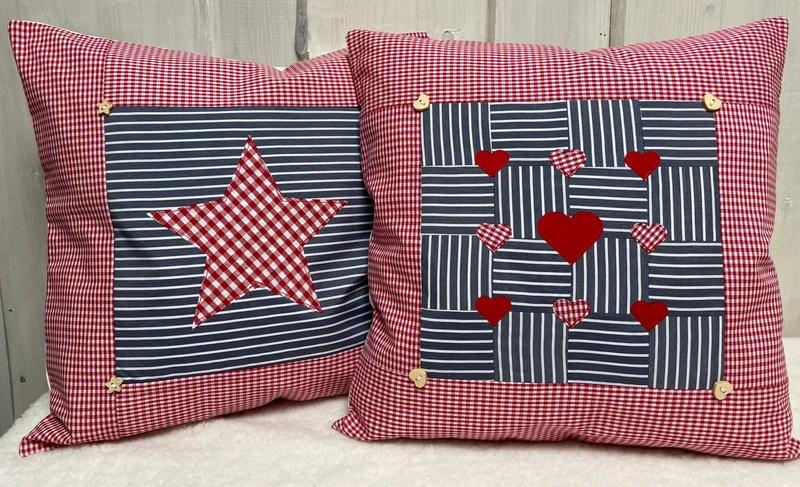 Patchwork Kissenhülle, Landhausstil Kissenbezug, rot/blaugrau 40x40cm