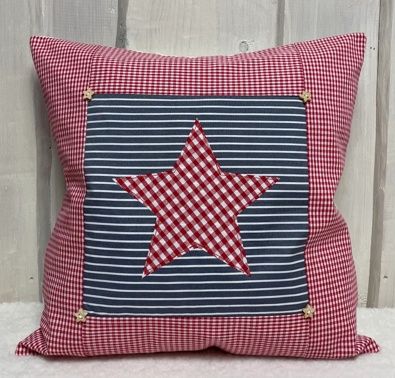 Patchwork Kissenhülle, Landhausstil Kissenbezug, rot/blaugrau 40x40cm