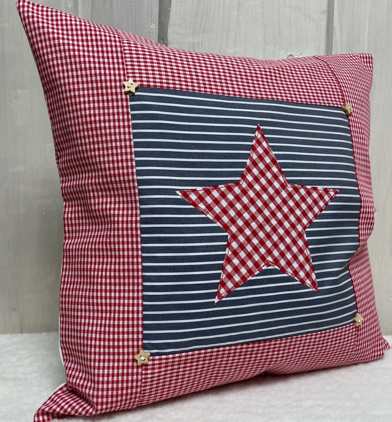 Patchwork Kissenhülle, Landhausstil Kissenbezug, rot/blaugrau 40x40cm