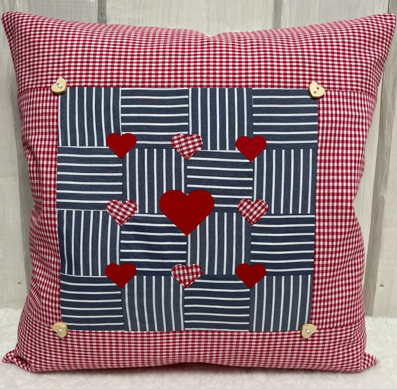 Patchwork Kissenhülle, Landhausstil Kissenbezug, rot/blaugrau 40x40cm