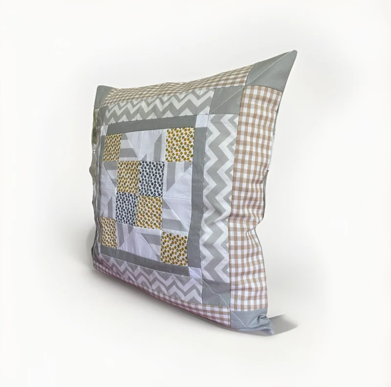 Patchwork Kissenhülle, Landhausstil Kissenbezug, grau/weiß/gelb 40x40cm