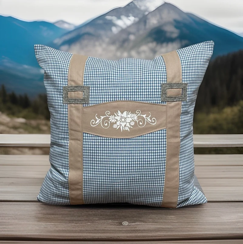 Landhausstil Kissenhülle, Kissenbezug, blau/weiß/beige kariertes Dekokissen * Hosenträger *