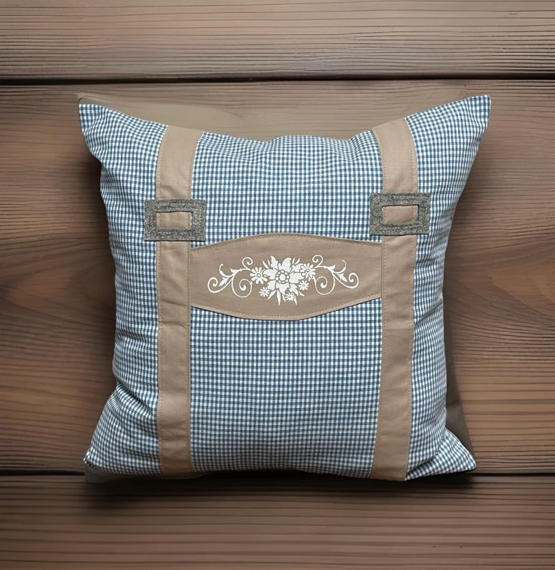 Landhausstil Kissenhülle, Kissenbezug, blau/weiß/beige kariertes Dekokissen * Hosenträger *