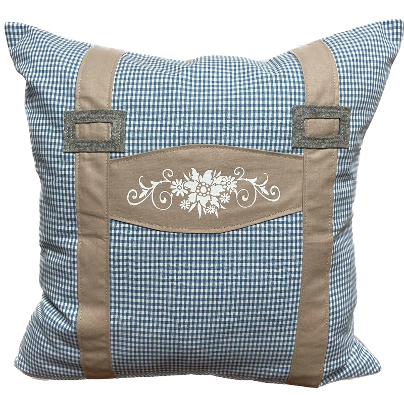 Landhausstil Kissenhülle, Kissenbezug, blau/weiß/beige kariertes Dekokissen * Hosenträger *