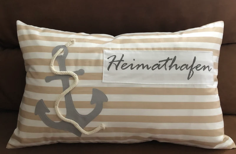 Maritime Kissenhülle, Landhausstil Kissenbezug * Heimathafen * Beige/weiß 30x50cm.