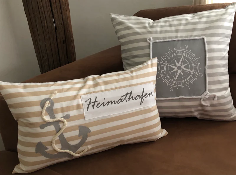 Maritime Kissenhülle, Landhausstil Kissenbezug * Heimathafen * Beige/weiß 30x50cm.