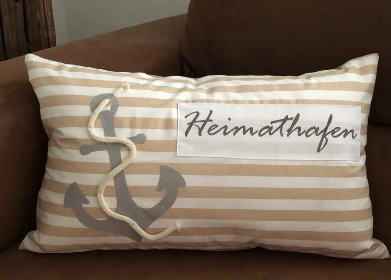 Maritime Kissenhülle, Landhausstil Kissenbezug * Heimathafen * Beige/weiß 30x50cm.