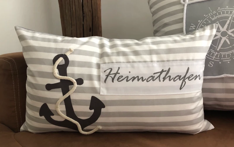 Maritime Kissenhülle, Landhausstil Kissenbezug * Heimathafen * grau/weiß 30x50cm.