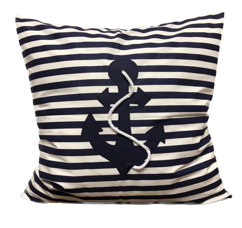 1x Maritime Kissenhülle, Landhausstil Kissenbezug, Anker blau/weiß gestreift