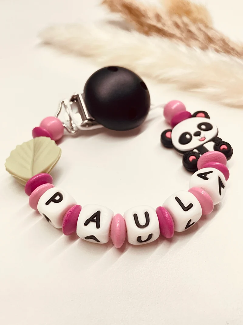 Schnullerkette Panda mit Blatt pink