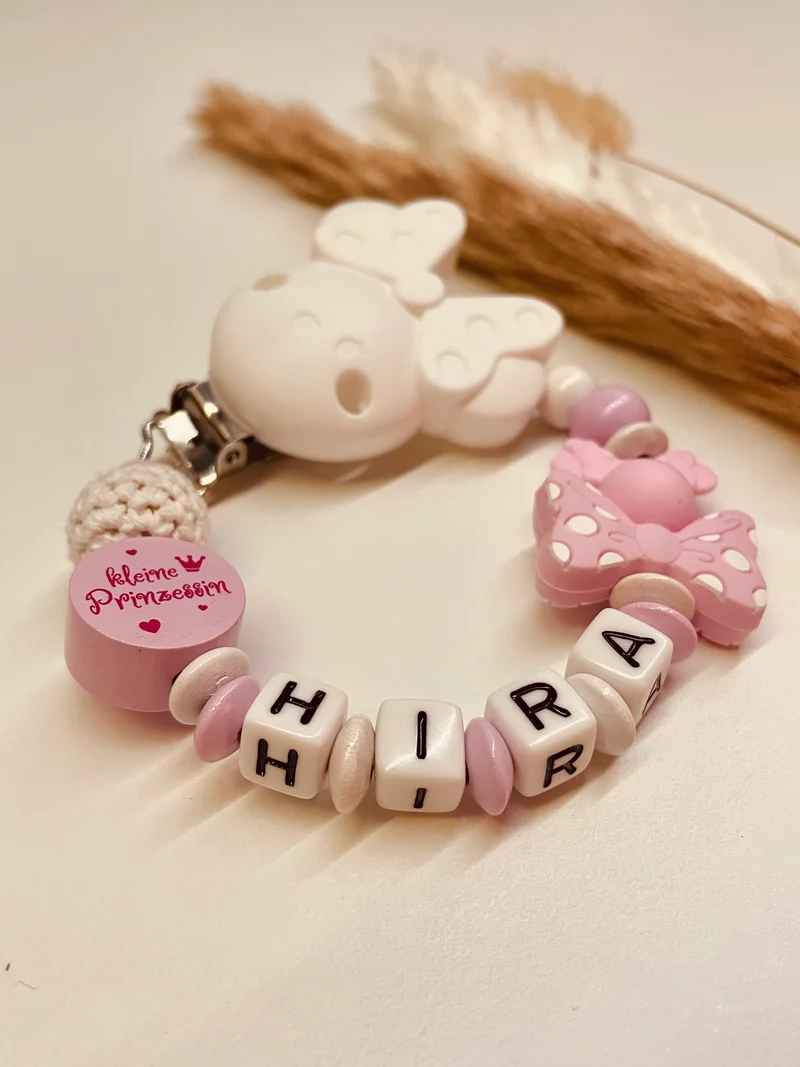 Schnullerkette Maus rosa-weiß Schleife "kleine Prinzessin"