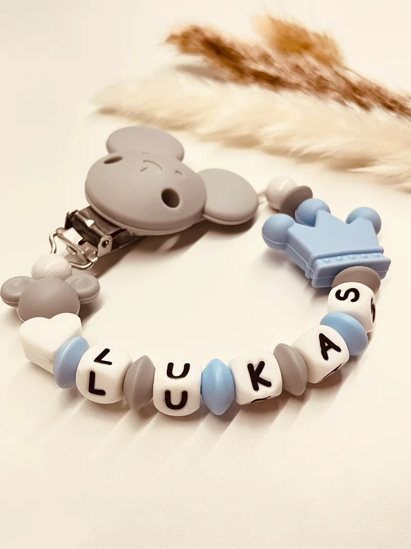 Schnullerkette Maus mit Krone blau-grau