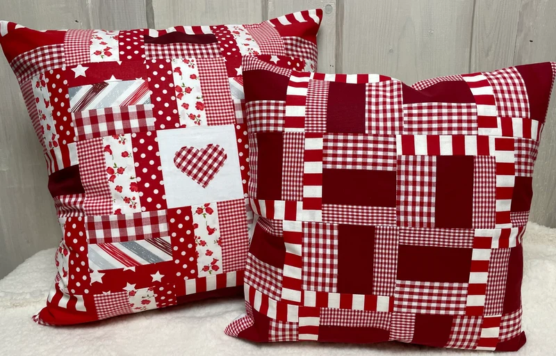 Patchwork Kissenhülle, Landhausstil Kissenbezug, rot/weiß 40x40cm.