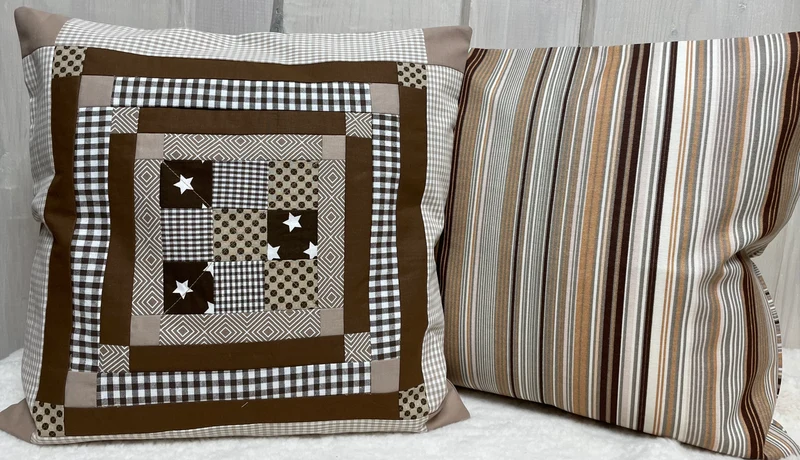 Patchwork Kissenhülle, Landhausstil Kissenbezug, beige /braun 40x40cm.