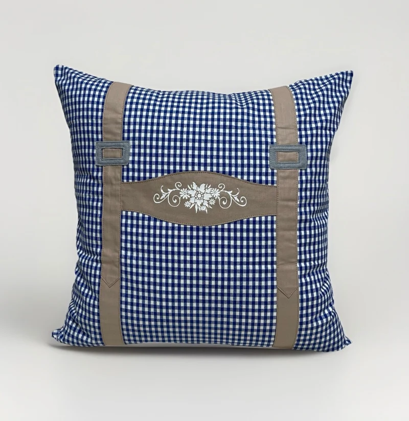 Landhausstil Kissenhülle, Kissenbezug, Bauernstube Dekokissen * Hosenträger * blau/beige