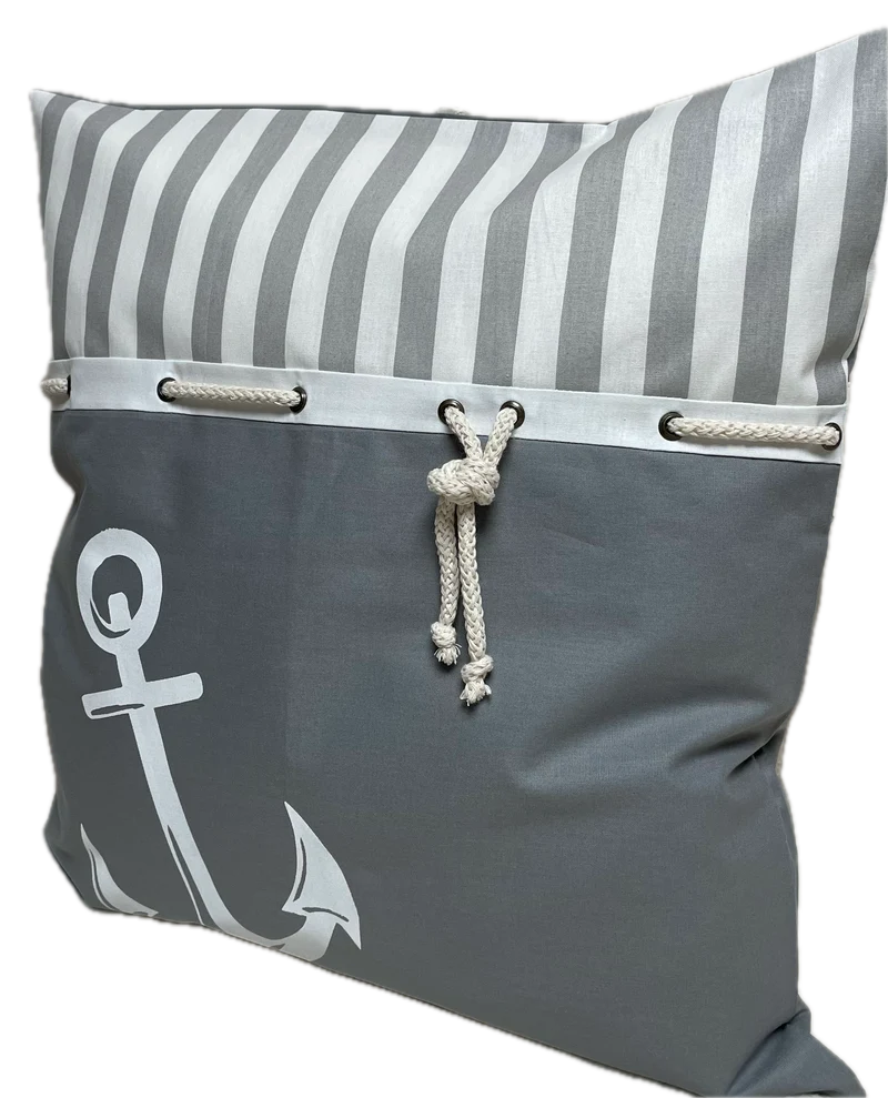 Maritime Kissenhülle, Landhausstil Dekokissen Anker grau/weiß