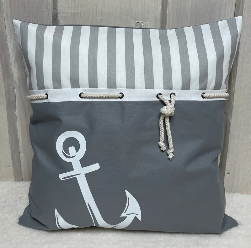 Maritime Kissenhülle, Landhausstil Dekokissen Anker grau/weiß