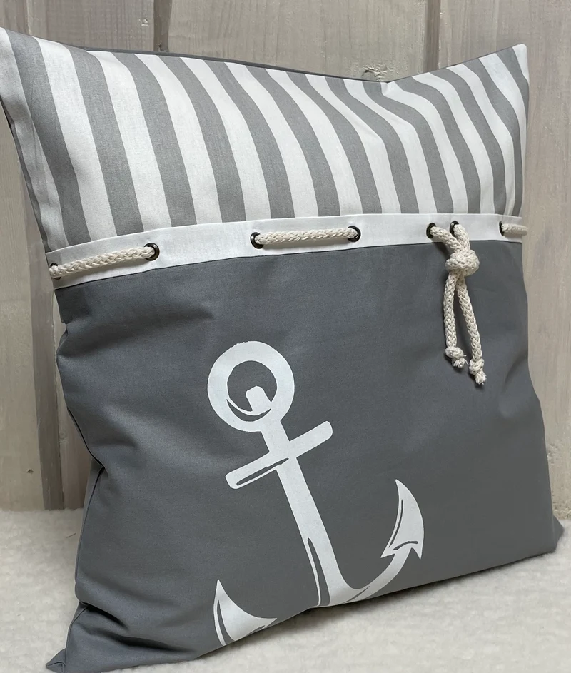Maritime Kissenhülle, Landhausstil Dekokissen Anker grau/weiß