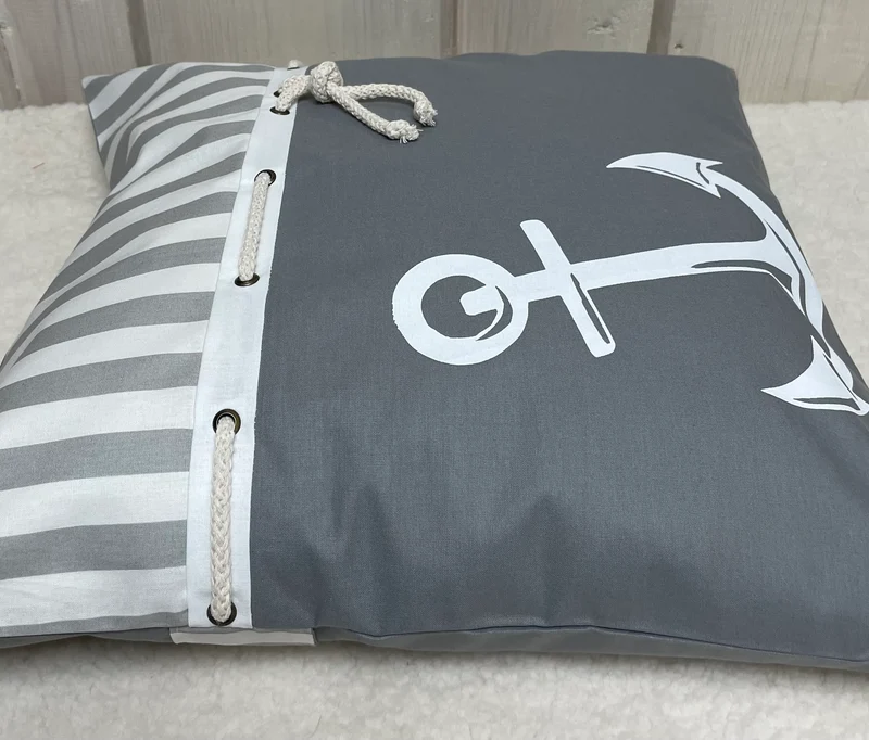 Maritime Kissenhülle, Landhausstil Dekokissen Anker grau/weiß