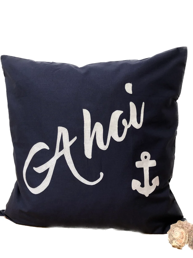 Maritime Kissenhülle, Landhausstil Dekokissen, Ahoi, blau/weiß