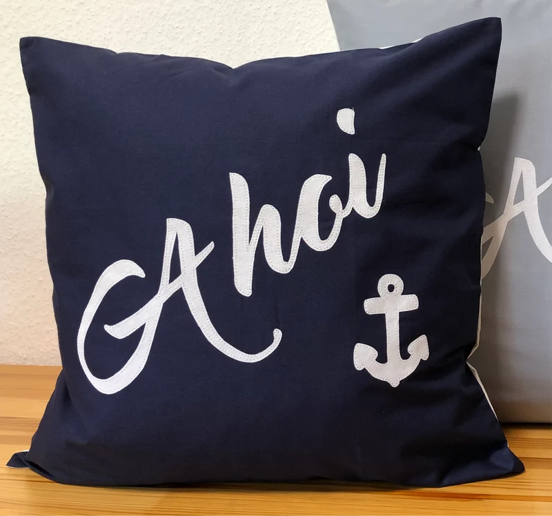 Maritime Kissenhülle, Landhausstil Dekokissen, Ahoi, blau/weiß