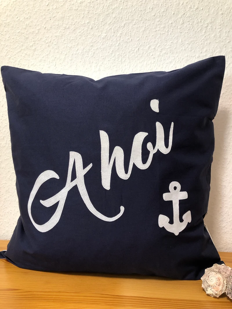 Maritime Kissenhülle, Landhausstil Dekokissen, Ahoi, blau/weiß