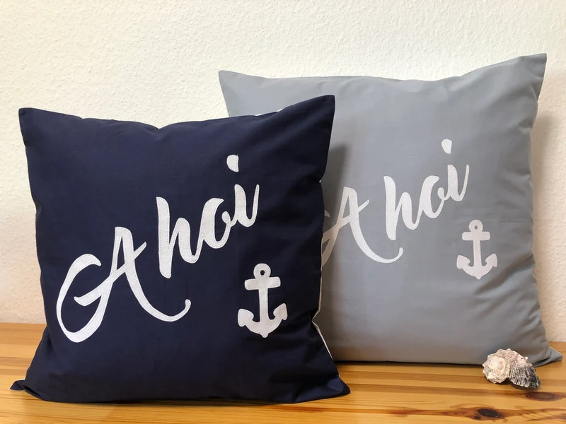Maritime Kissenhülle, Landhausstil Dekokissen, Ahoi, blau/weiß