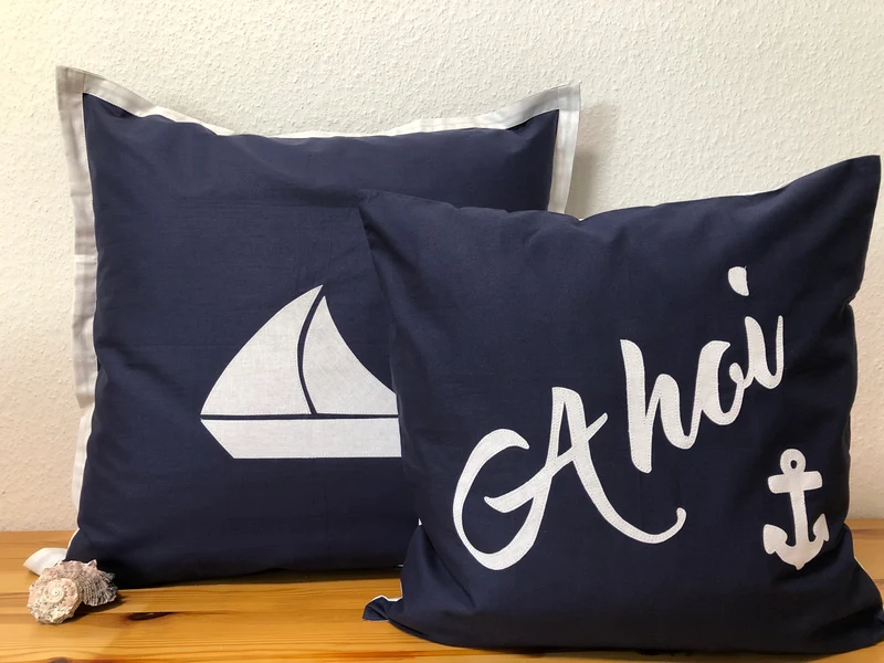 Maritime Kissenhülle, Landhausstil Dekokissen, Ahoi, blau/weiß